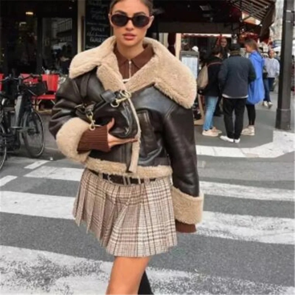 Influencer Famous Aviator Faux Sherling Faux Leather Buckle Moto Coat Jacket - Picture 8 of 14